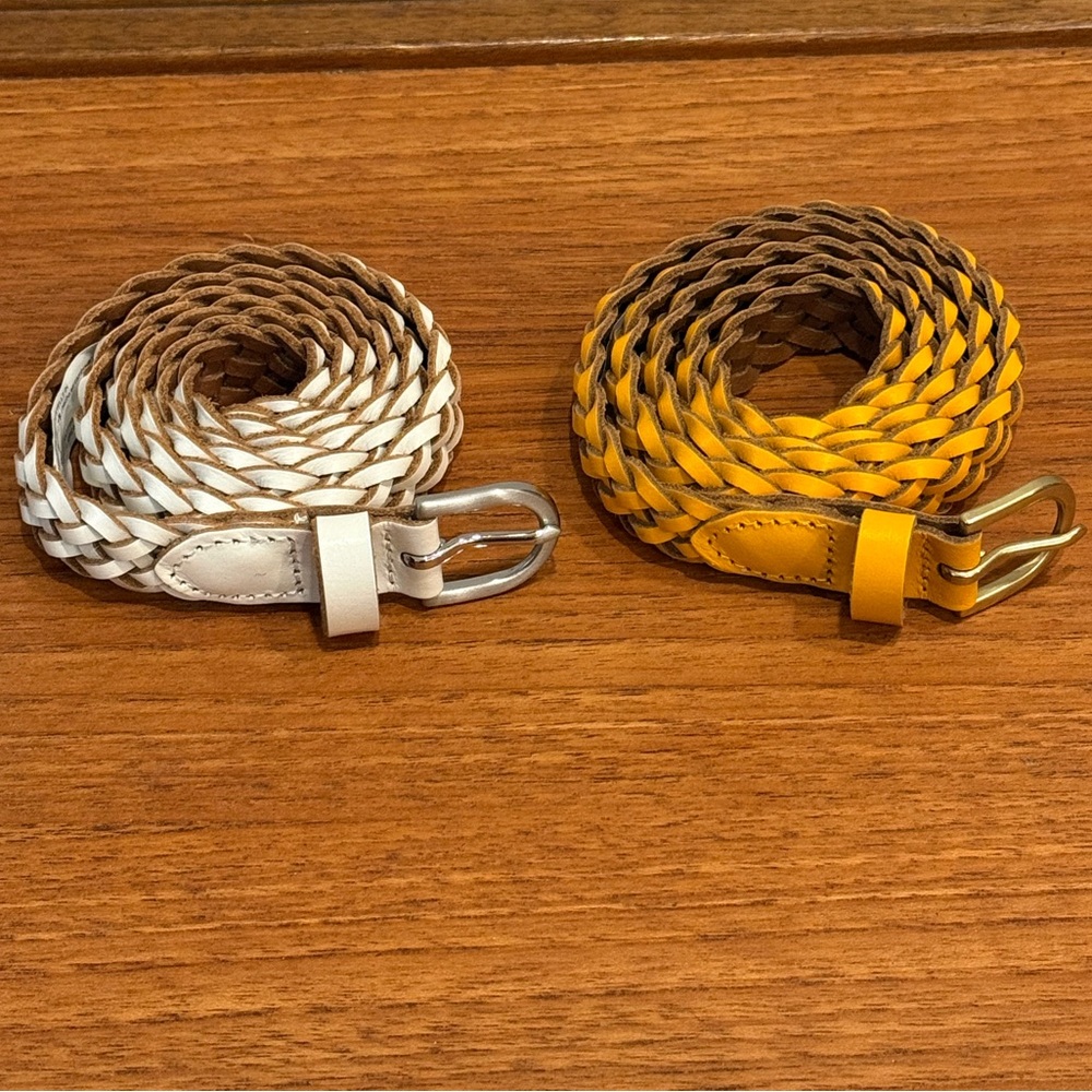 J Crew Skinny Braided Leather Belt in White/Sweet Marigold, size S/M, Set of 2